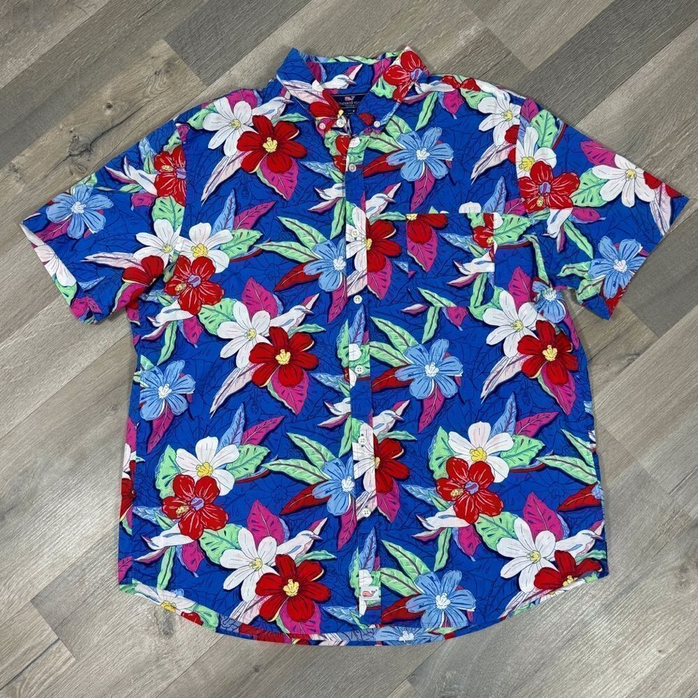 Vineyard Vines Tropical Print Button Front Slim Fit Murray Shirt Blue XL - Picture 3 of 11